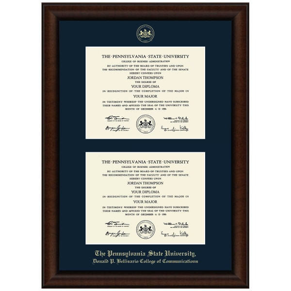 #106 Penn State Donald P. Bellisario College of Communications double diploma frame Lenox (Walnut)